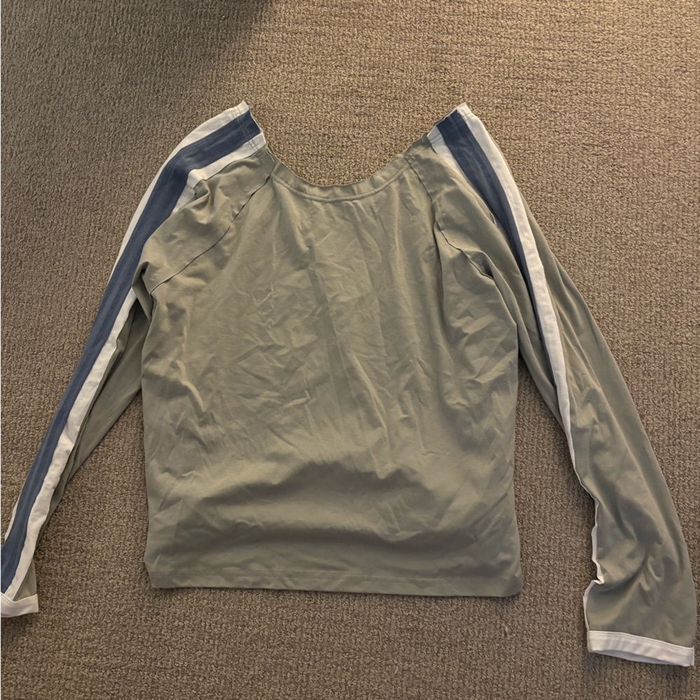 Green Long Sleeve Shirt with Blue and White Stripes